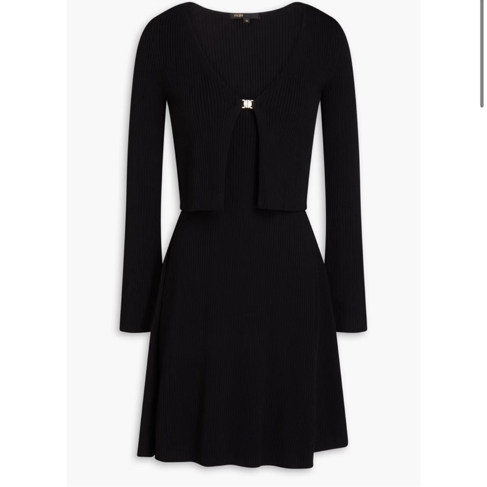 Maje Black Ribbed Knit Dress with Cropped Cardigan
